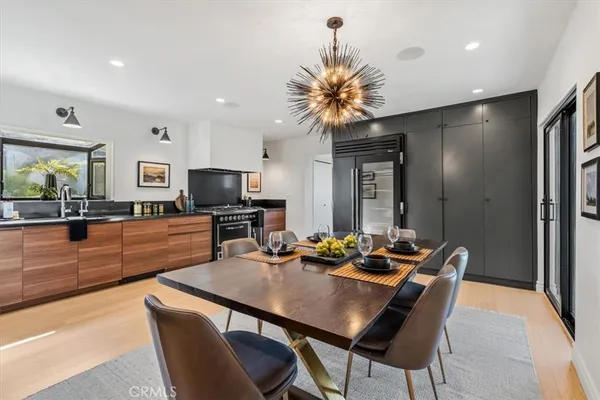 a view of a dining room with furniture