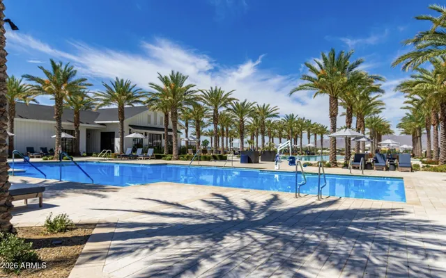 a view of swimming pool with palm trees