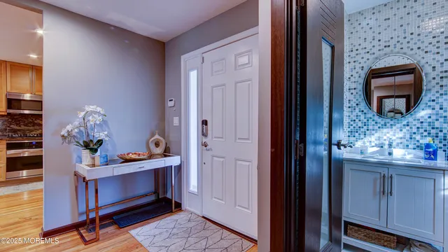 a room with a table and a dresser