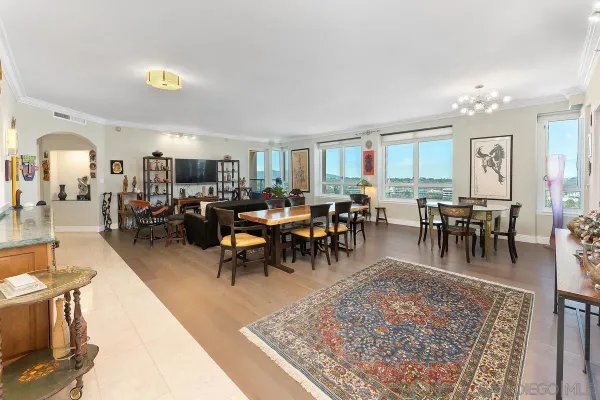 a view of a dining room with furniture