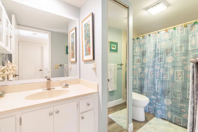 a bathroom with a sink shower and a toilet