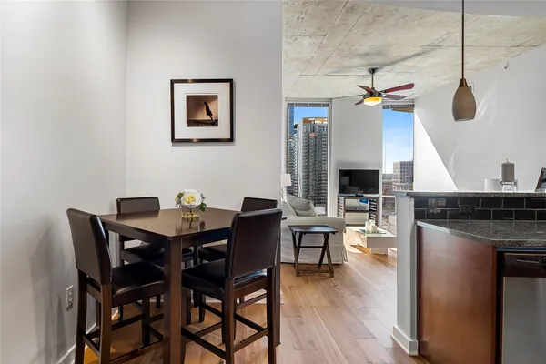 a view of a dining room with furniture