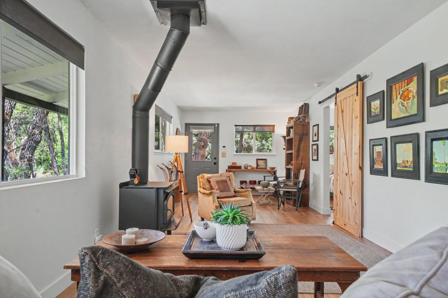 16308 Emigrant Trail Volcano, CA 95689 - Photo 8 of 29 a living room with furniture a wooden floor and a potted plant