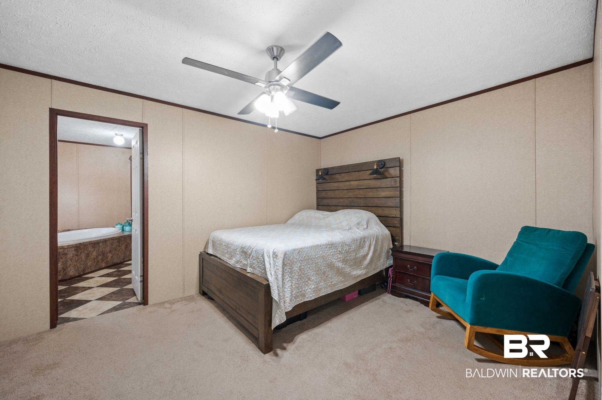 39908 T A Chastang Road Bay Minette, AL 36507 - Photo 10 of 20 Bedroom with carpet floors, a textured ceiling, a ceiling fan, and crown molding