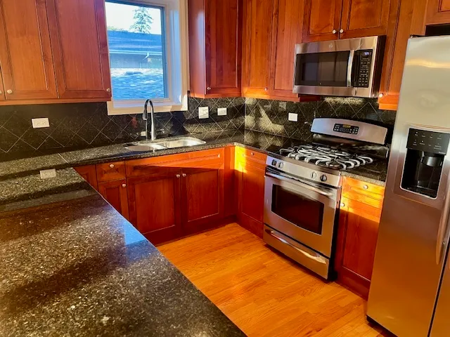 a kitchen with stainless steel appliances granite countertop a stove a sink and a microwave
