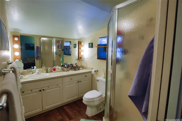 a bathroom with a toilet sink vanity granite and shower