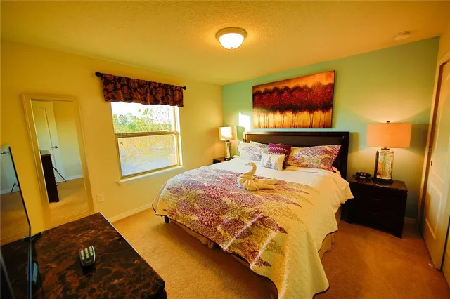 a bedroom with a bed and a flat screen tv