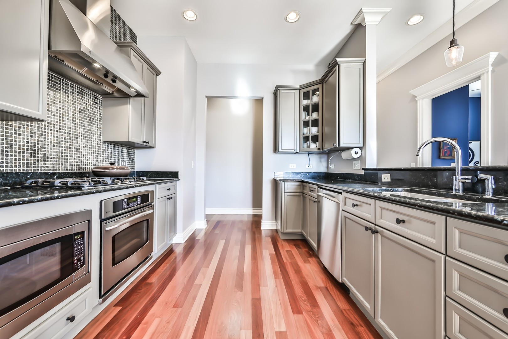 1148 West Monroe Street, Unit 5SE Chicago, IL 60607 - Photo 9 of 25 a kitchen with granite countertop wooden floor stainless steel appliances and sink