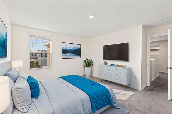 a bedroom with a bed and a flat screen tv