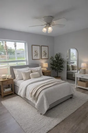 a bedroom with a large bed and a chandelier