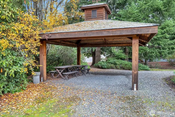 a backyard of a house with table and chairs