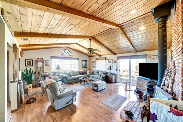 a large kitchen with a large window
