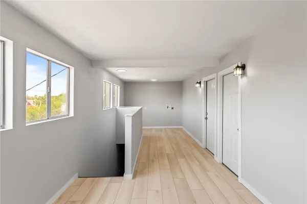 a view of hallway with wooden floor