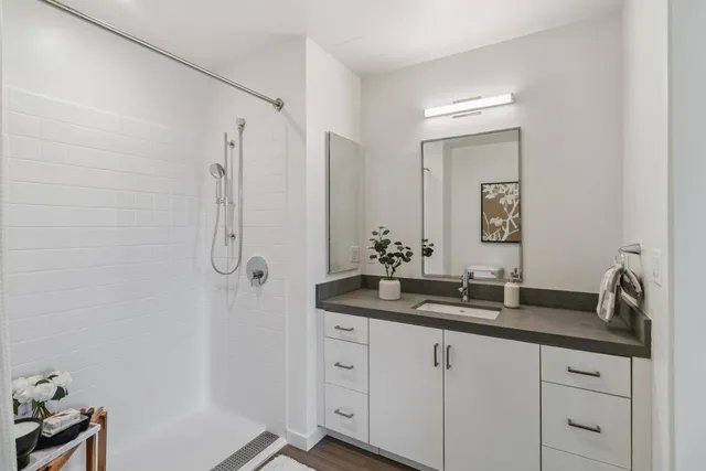 a bathroom with a double vanity sink and mirror