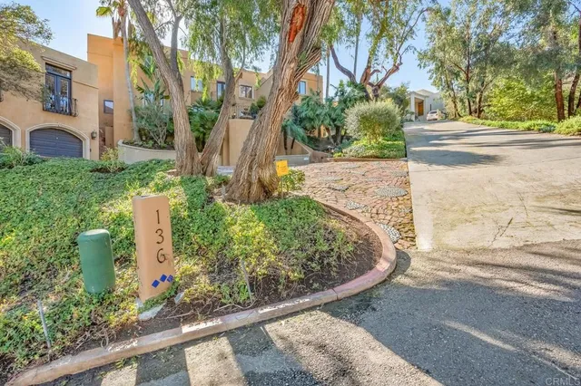 a view of a garden with large trees