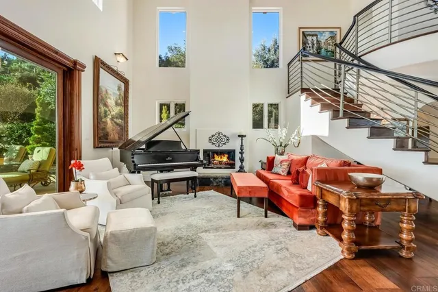 a living room with furniture a rug and a potted plant