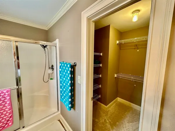 a bathroom with a shower and a sink