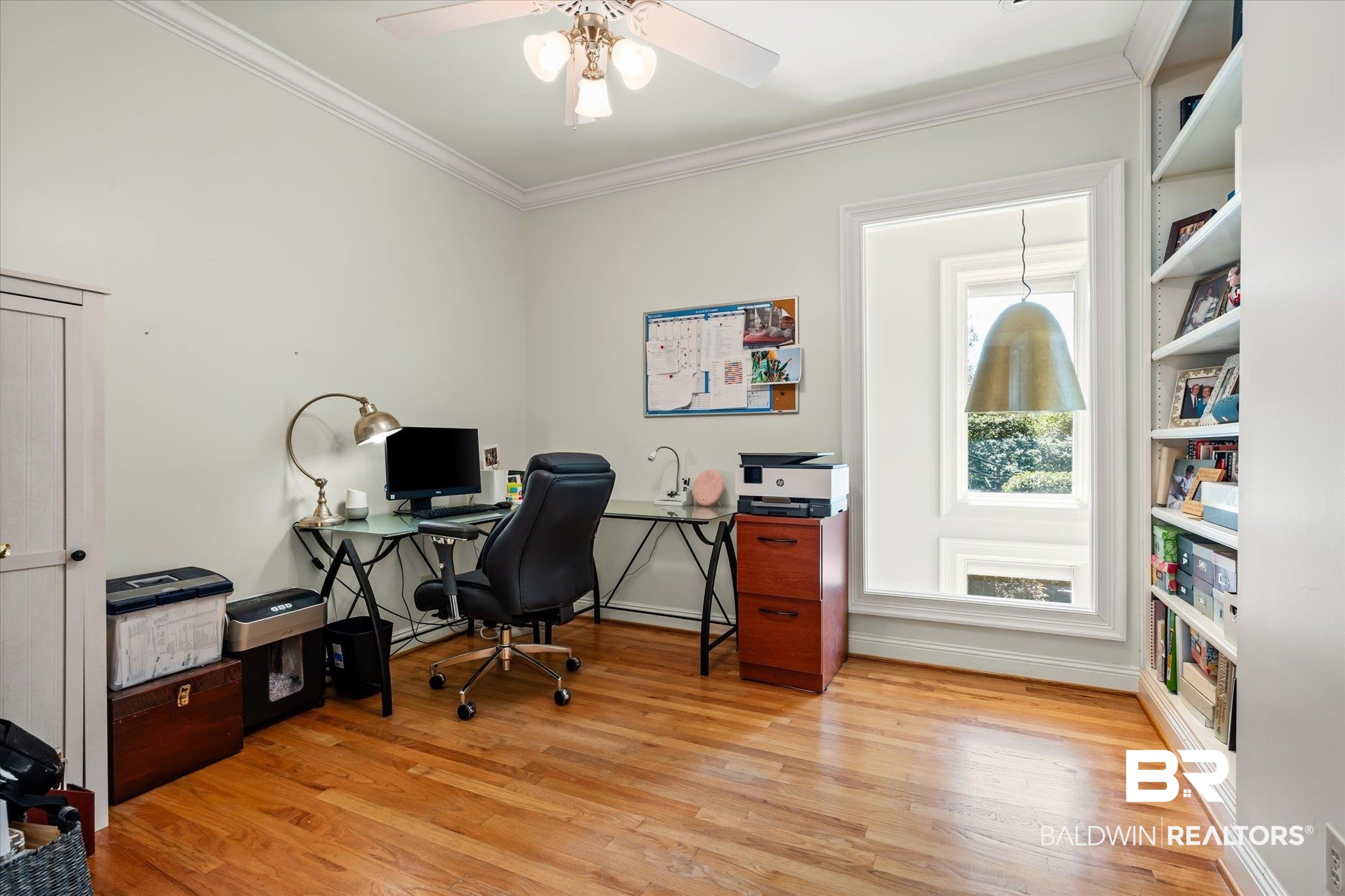 4 Kingsway Mobile, AL 36608 - Photo 20 of 44 Home office featuring ceiling fan, light wood-type flooring, and ornamental molding