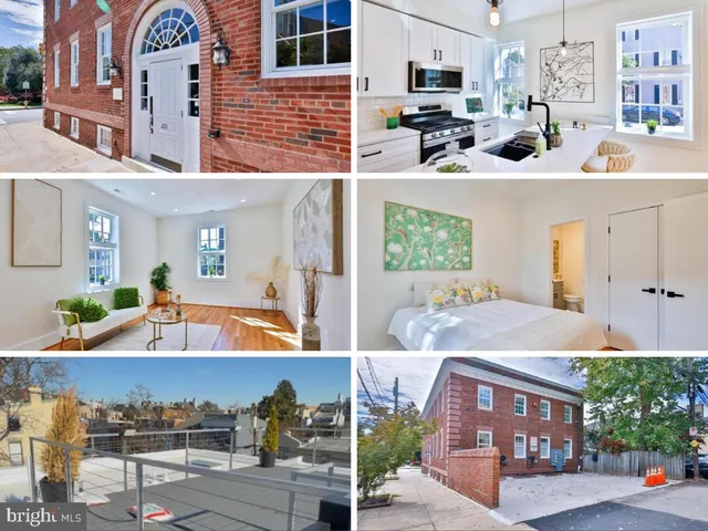 a view of a brick building with many windows