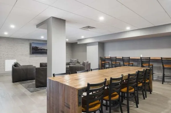 a view of a dining room with furniture