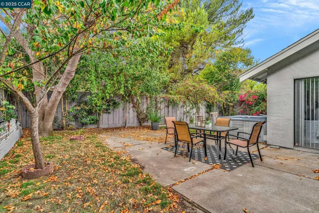a view of a chairs and table in backyard