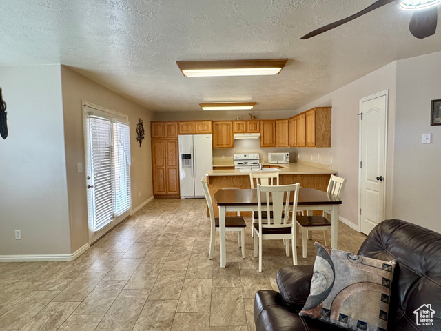 445 Topaz Boulevard, Unit 10 Delta, UT 84624 - Photo 4 of 28 Kitchen with white appliances, ceiling fan, light countertops, a textured ceiling, and a peninsula