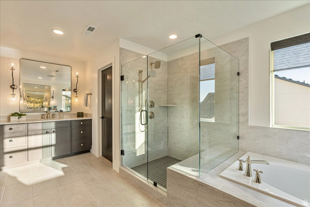 2458 West Aurora Avenue, Unit 287 Mapleton, UT 84664 - Photo 16 of 24 Primary Bathroom featuring vanity, a bath, light tile patterned flooring, a shower stall, and recessed lighting