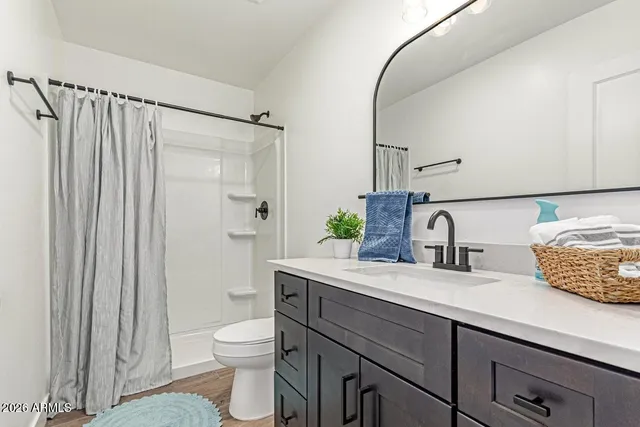 a bathroom with a granite countertop sink toilet and shower