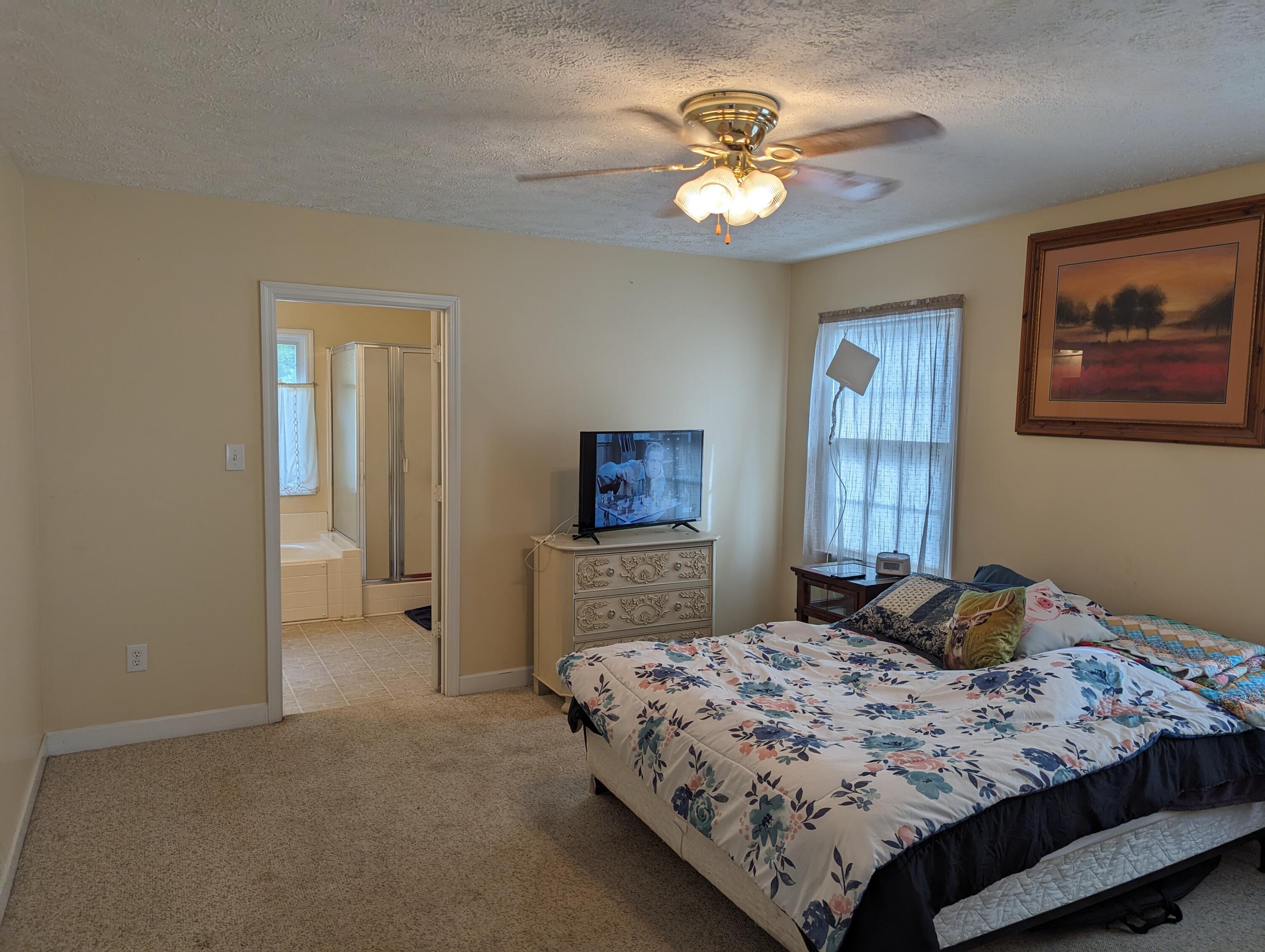 4715 Providence Church Road Ferrum, VA 24088 - Photo 17 of 46 a bedroom with a bed and a chandelier