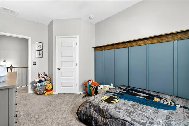 a bed room with a bed and a closet