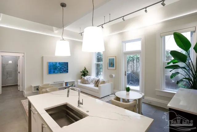 a outdoor space with the couches a fireplace and a potted plant