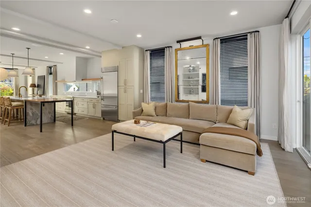 a living room with furniture and a table