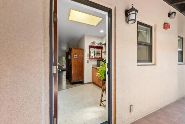 an outdoor space with furniture