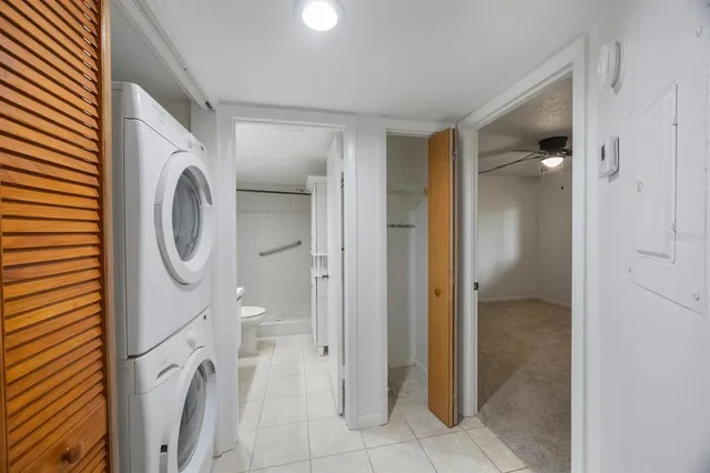a view of a bathroom with a washer and dryer