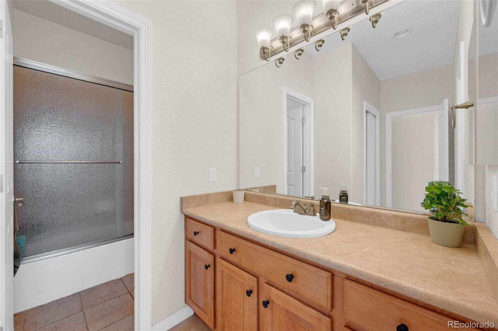 2382 Antelope Ridge Trail Parker, CO 80138 - Photo 32 of 49 a bathroom with a granite countertop sink a mirror and a shower