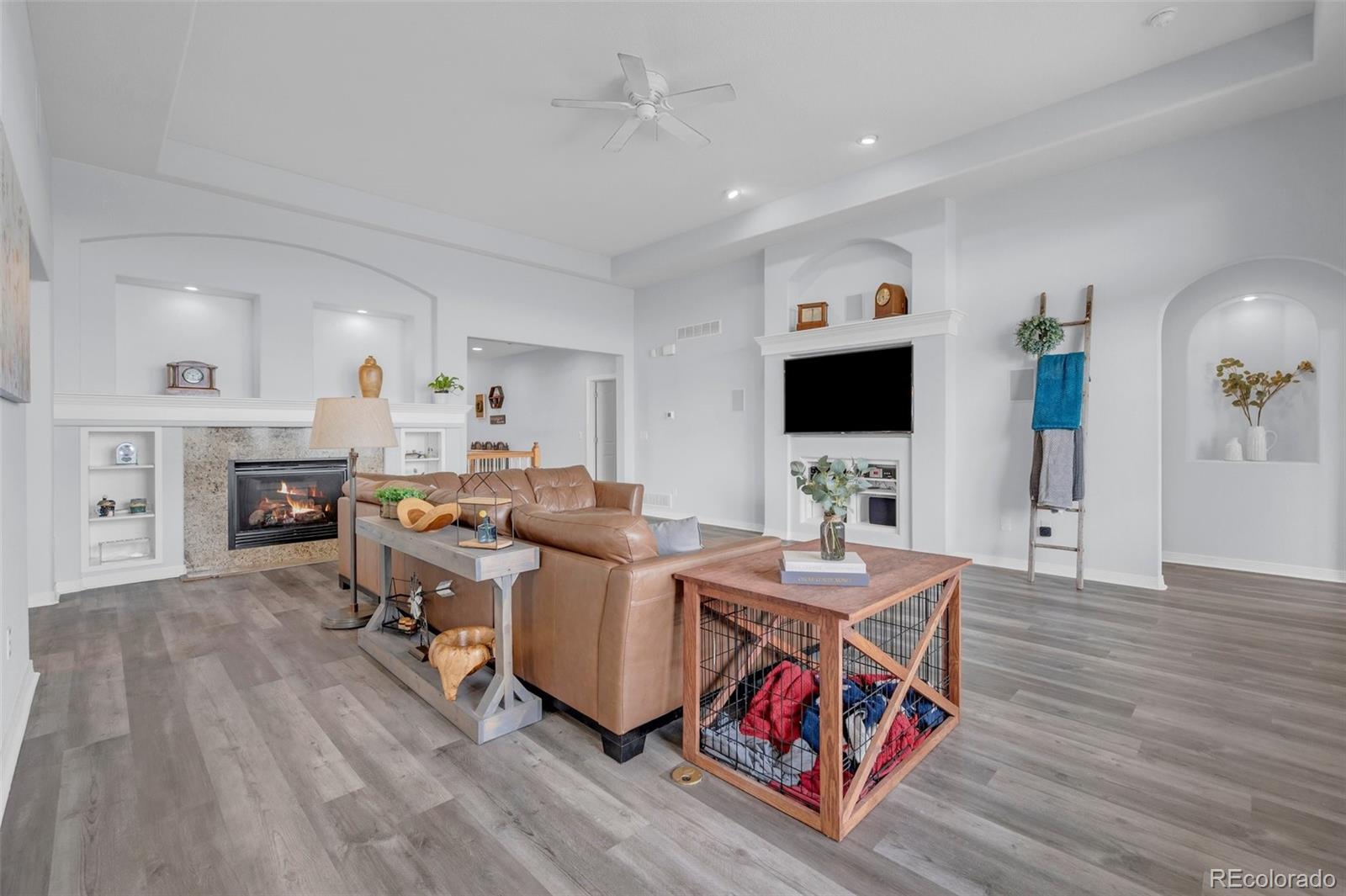 2382 Antelope Ridge Trail Parker, CO 80138 - Photo 9 of 49 a living room with fireplace furniture and a flat screen tv