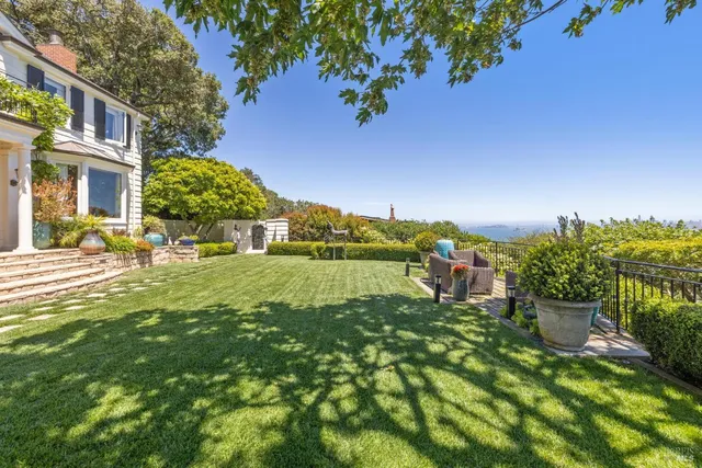 a view of a garden with a bench
