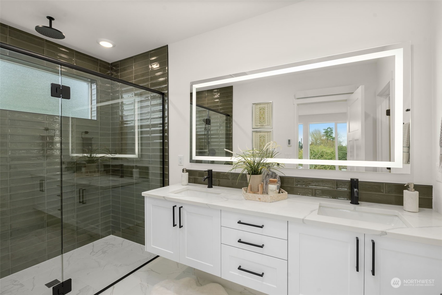 8849 30th Avenue Southwest Seattle, WA 98126 - Photo 20 of 37 a bathroom with a double vanity sink mirror and shower