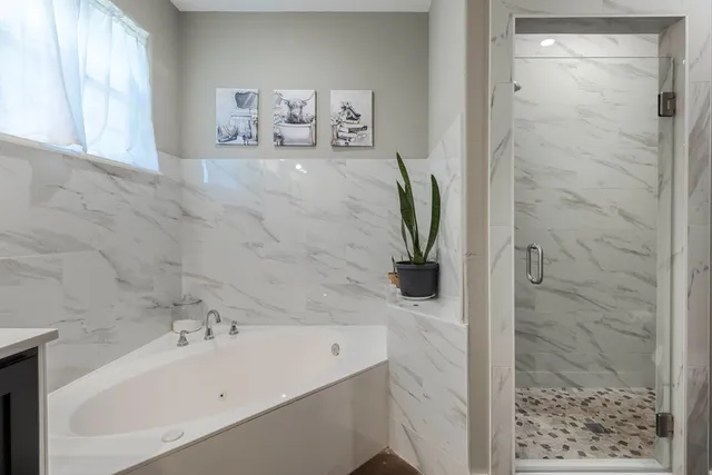 a bathroom with a bathtub and a shower