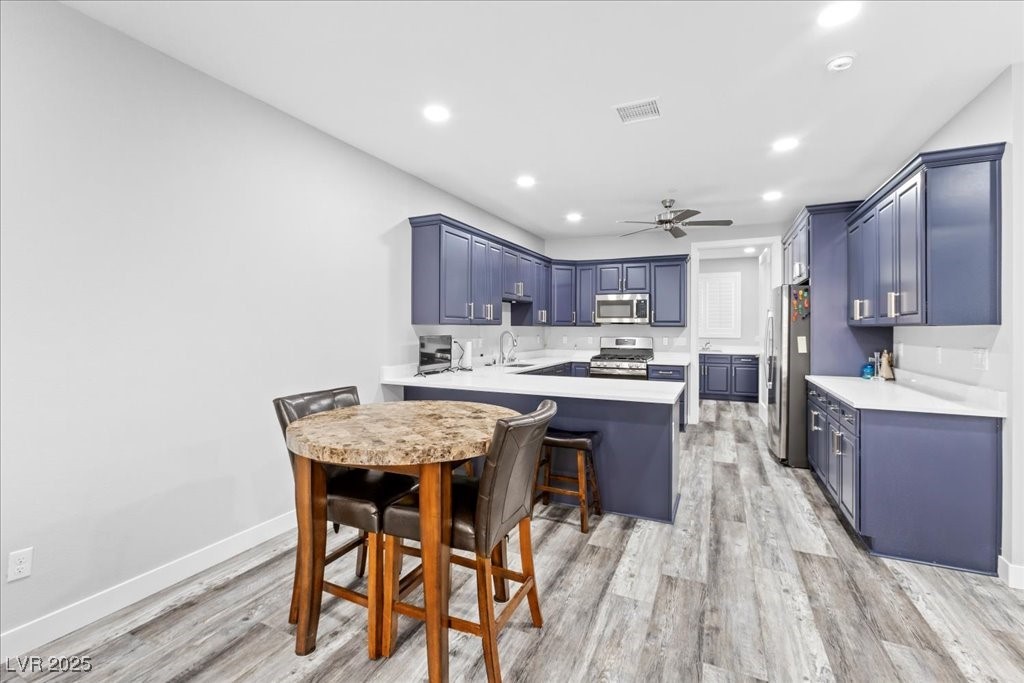 259 Milan Street Henderson, NV 89015 - Photo 60 of 99 Guest house kitchen with blue cabinets, a peninsula, appliances with stainless steel finishes, light wood finished floors, and recessed lighting