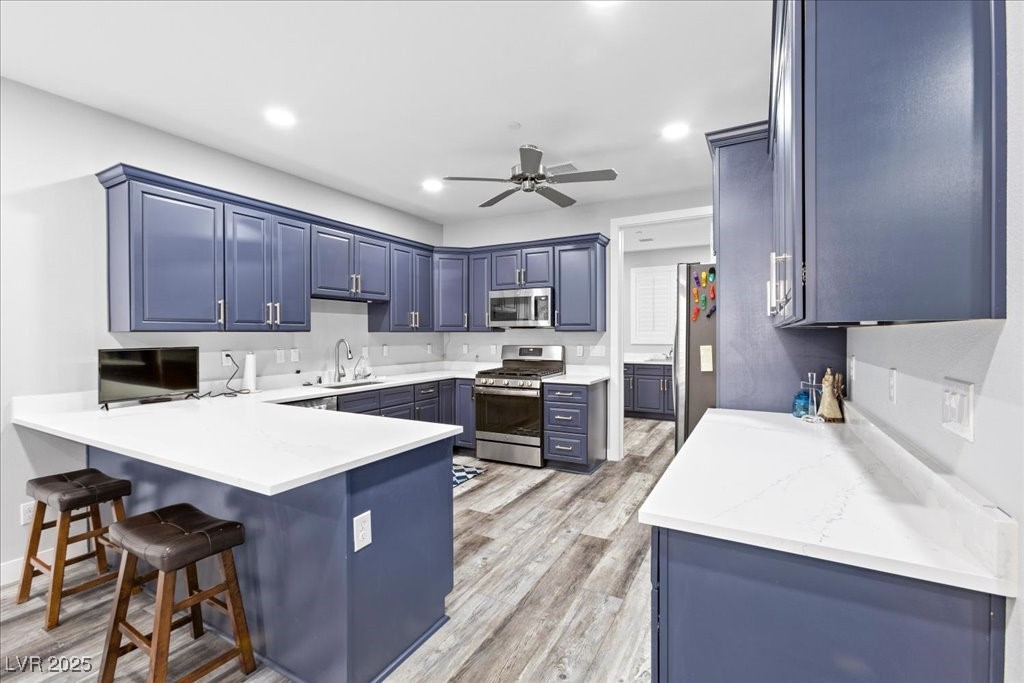 259 Milan Street Henderson, NV 89015 - Photo 62 of 99 Guest house kitchen with blue cabinetry, stainless steel appliances, a peninsula, light wood-style floors, and a breakfast bar area