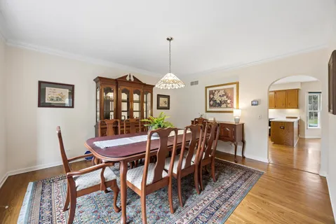 a view of a dining room with furniture