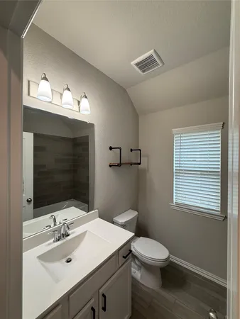 a bathroom with a sink a toilet and mirror