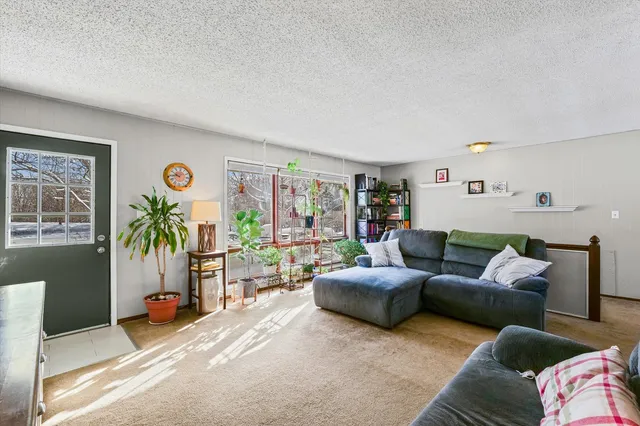 a living room with furniture and a fireplace