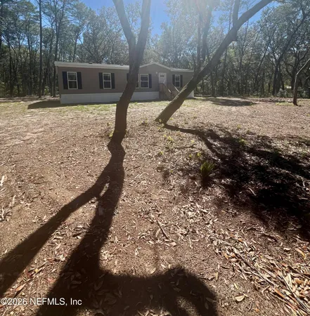 a view of a backyard with large trees