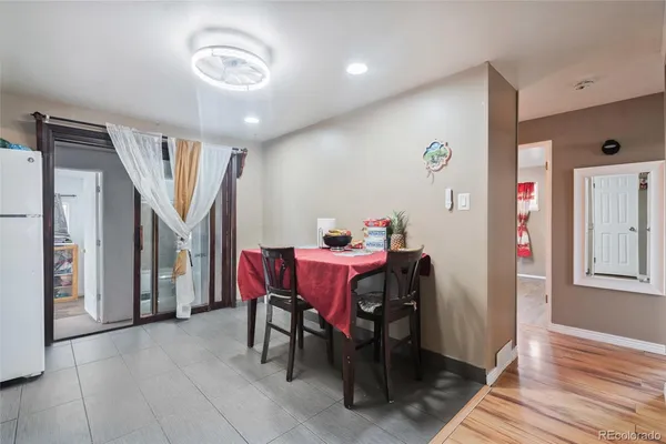 a view of a dining room with furniture