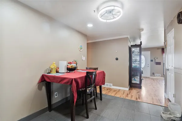 a view of a dining room with furniture