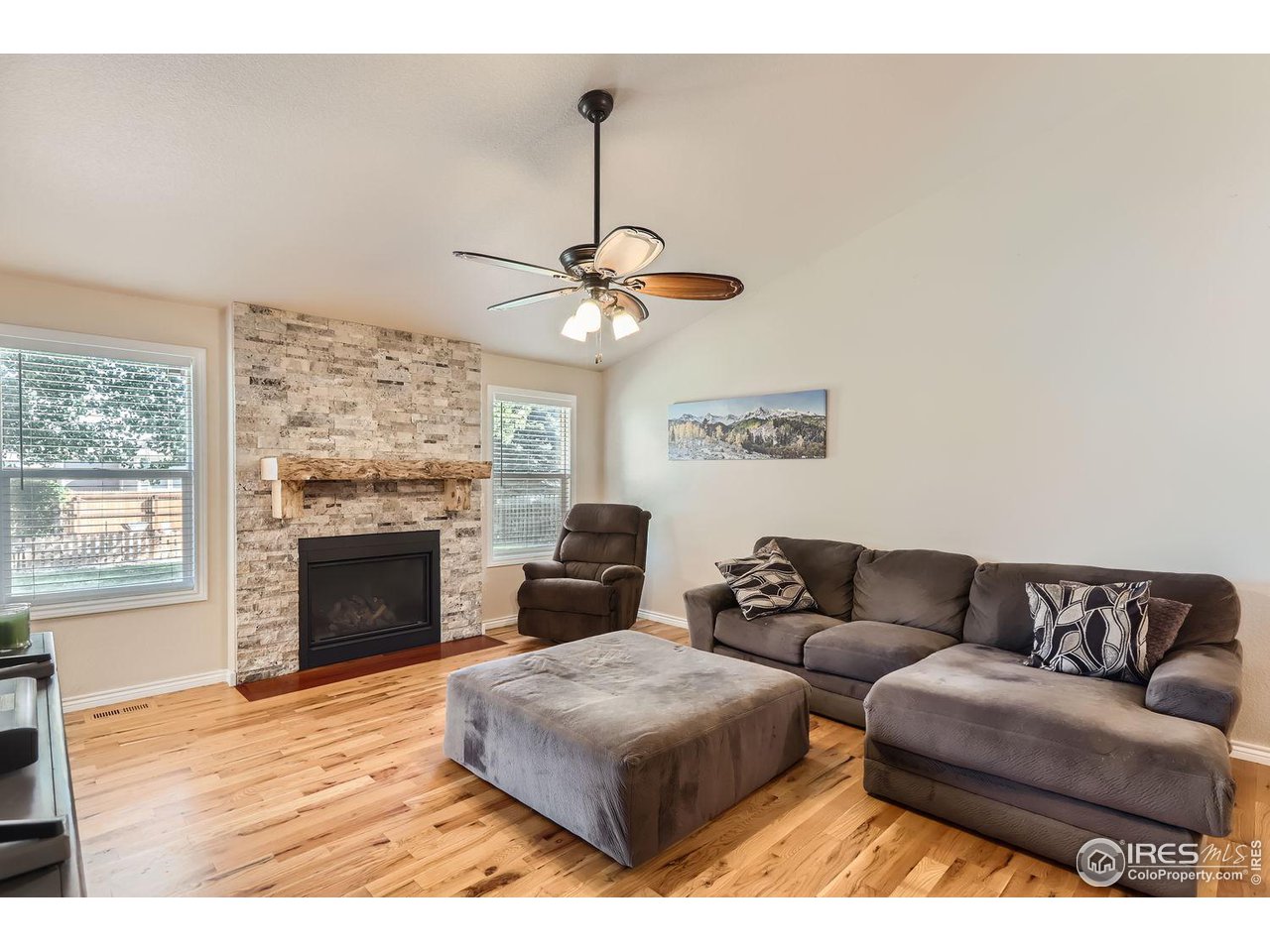 135 Falcon Circle Mead, CO 80542 - Photo 6 of 27 a living room with couches a fireplace and a flat screen tv