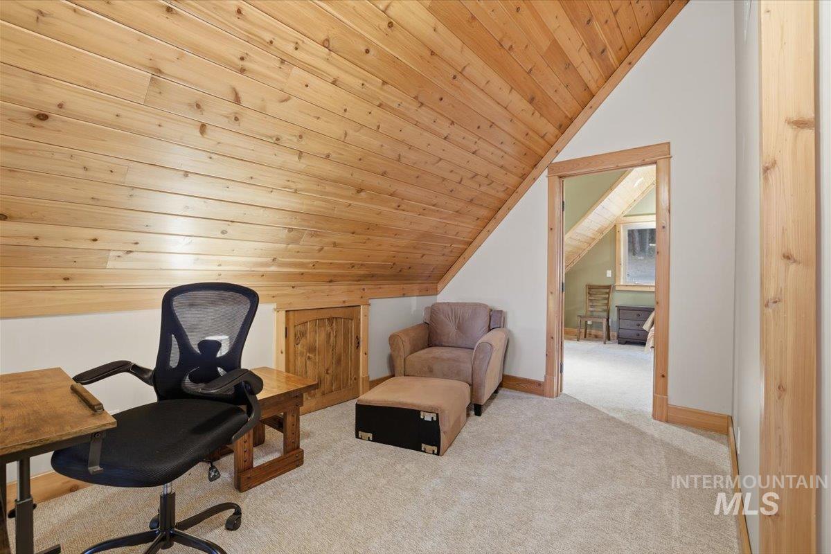 20 Valley High Road Garden Valley, ID 83622 - Photo 19 of 46 Carpeted office with wood ceiling and vaulted ceiling