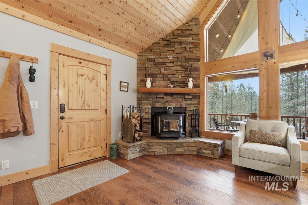 20 Valley High Road Garden Valley, ID 83622 - Photo 3 of 46 Foyer featuring high vaulted ceiling, wood ceiling, and wood-type flooring